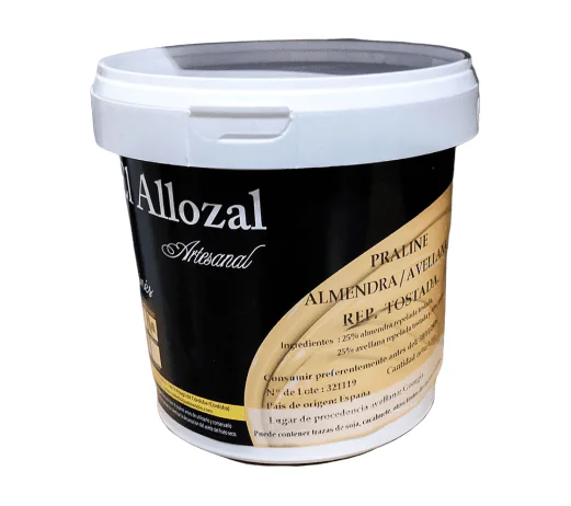Bote de 1 Kg de praline de almendra y avellana tostada